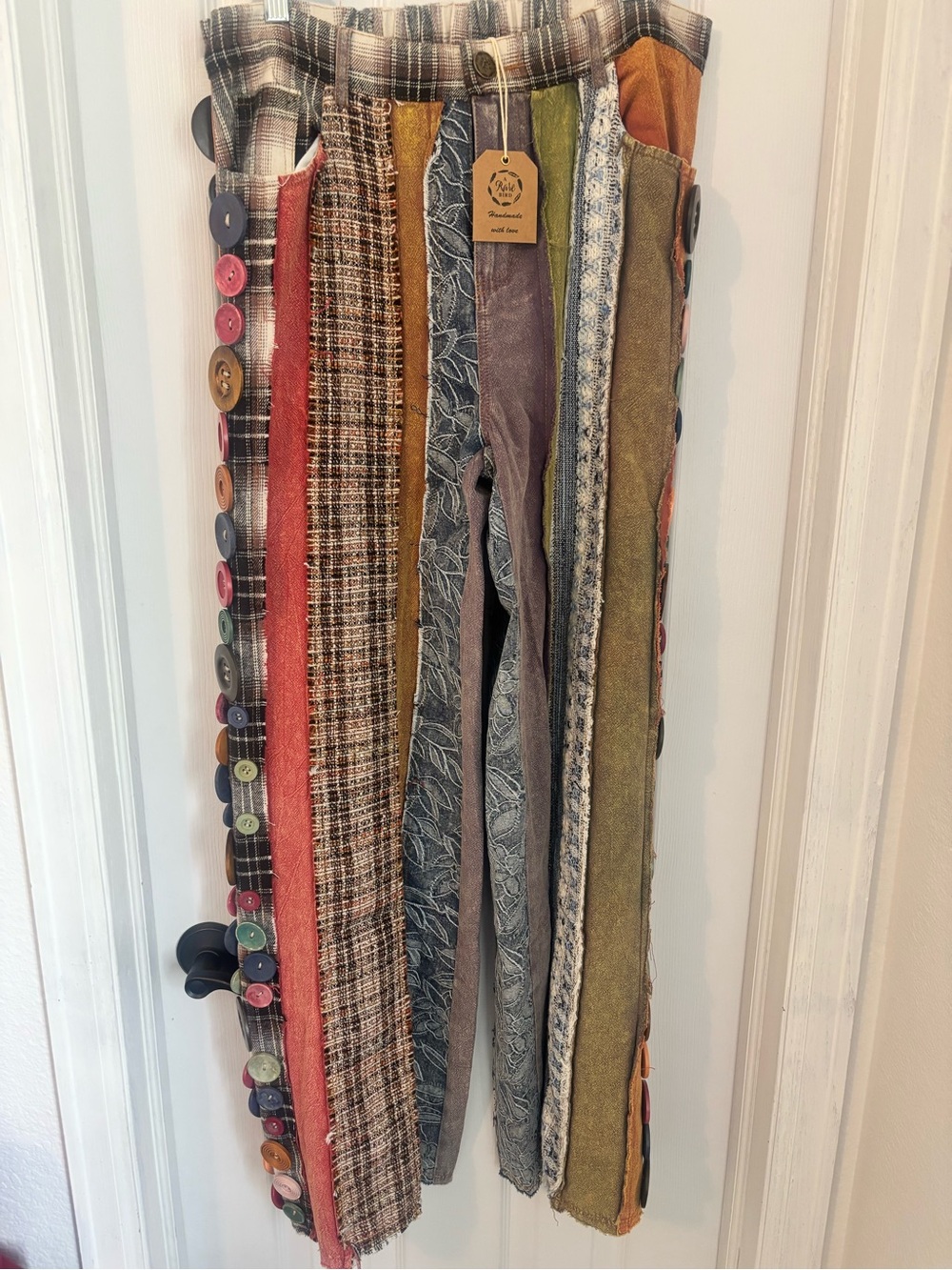 Patchwork Button-Trim Bohemian Trousers in Multicolor